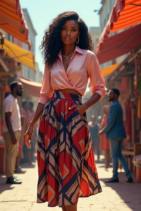 A curvaceous Black woman in a tailored, cropped satin blouse in blush pink with a subtle wrap detail, tucked into a high-waisted...