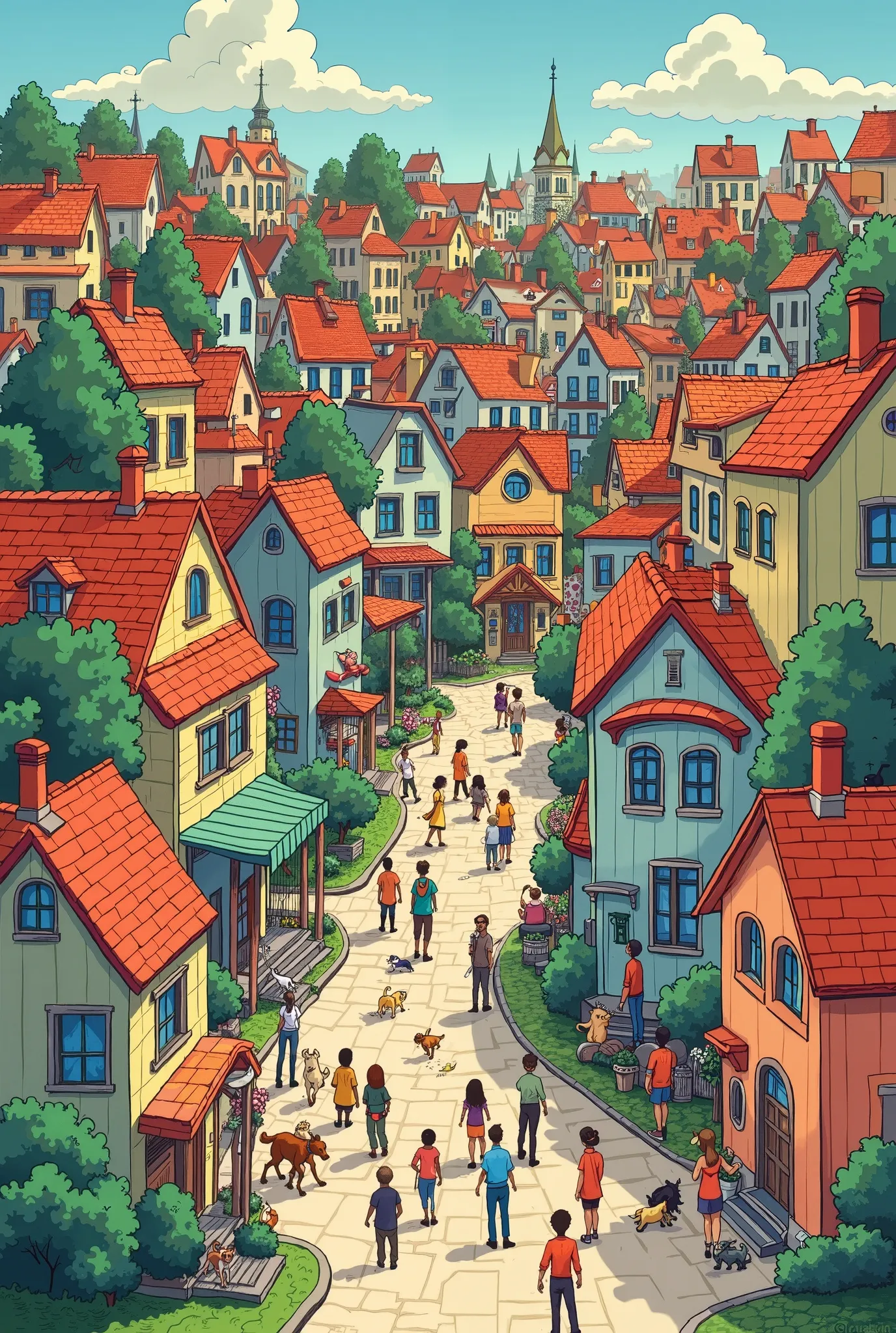  A colorful and detailed illustration in the cartoon style ,  depicting a city full of houses of different sizes and styles.  Th...