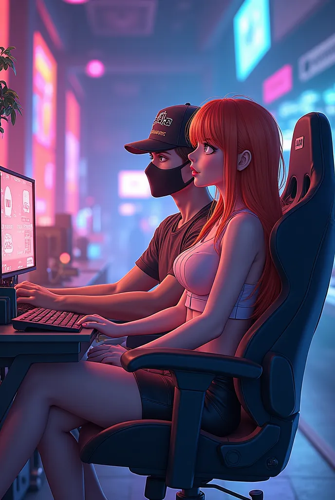 A woman with copper hair,  eyelashes and top together with a man wearing a cap and mask, anime style sitting in a gamer chair wi...