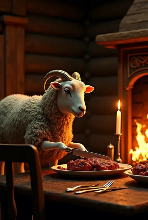 The Last Supper
A rustic wooden cabin, candlelit and filled with the rich aroma of a final meal. A solemn-looking sheep, eyes fi...