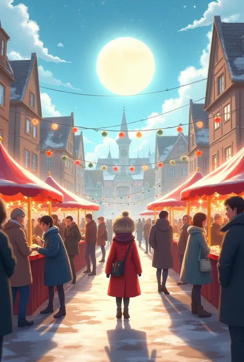 European Square. Winter Fair. ren playing, adults drinking tea and talking. Festive atmosphere. In the background: clear sky wit...