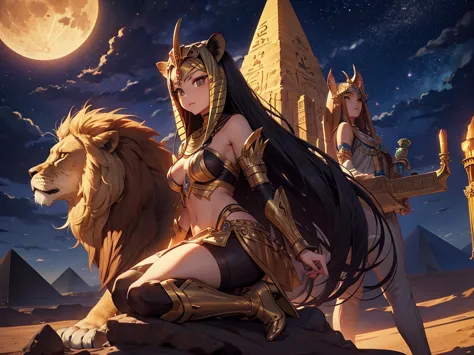 Female Sphinx、 Egyptian monster 、 has a female upper body and a lion's lower body、Moonlit Desert、Next to the pyramid 