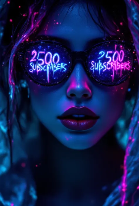 Beautiful, Girl, with protective sun glasses, ((graffiti text on glasses "2500 subscribers" : 1.2)), neon, clear text, clearly...