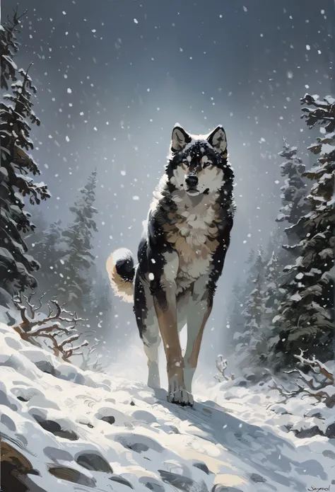 solo, male, anthro, (Husky), by seyorrol, digital artwork, ((detailed background)), intricate detailed blizzard background, heav...