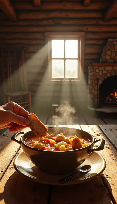 "Ultra-realistic POV of a person having breakfast inside a rustic wooden cabin in the 1850s. The viewer's hand is holding a piec...