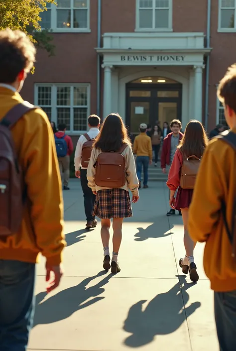 Hyper-realistic POV scene of a student arriving at a 1960s high school. From the student's perspective, the view captures a live...