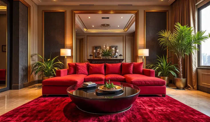 painting of a living room with a red carpet and a red couch, inspired by David Ligare, by David Ligare, david ligare masterpiece...