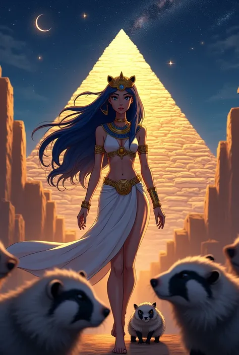 An Egyptian goddess anime version with the inscription B4D on the crown surrounded by ferocious badgers ready to defend her, see...