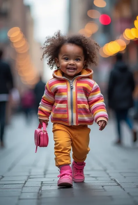 "An adorable baby model, dressed in a playful and colorful outfit with stripes, carrying a small pink purse. The baby is walkin...