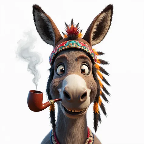 Create a realistic Donkey face, smiling, with an American Indian headdress, smoking a pipe, white background.