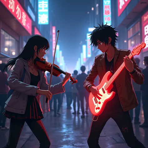 "A cinematic 8K anime-style mid-shot captures a street musician duel between the violinist and a funk rock guitarist with a glow...