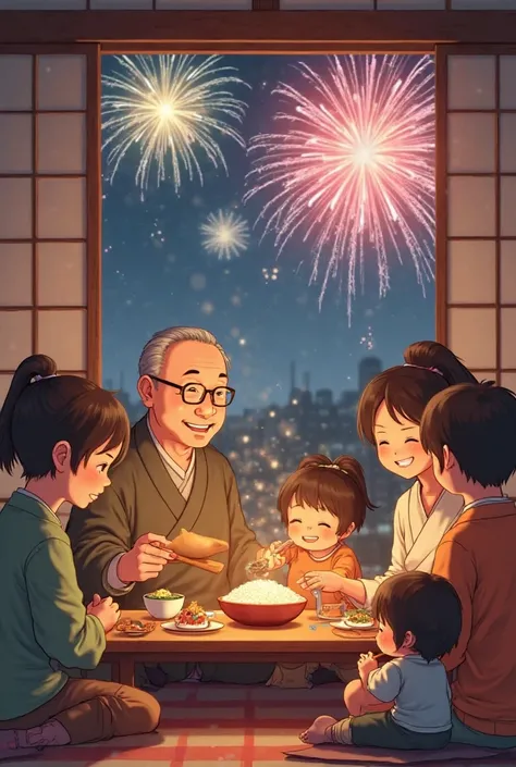 Let's create a picture of the warm New Year, family rolls pants at rice bowl with grandparents, brilliant fireworks.