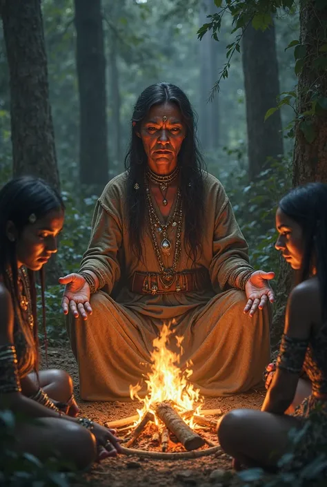 Generate a graphic depicting an old woman figure, Indian Shaman, siedzącej po turecku i wyciagajacej dłonie w stronę dziewcząt s...
