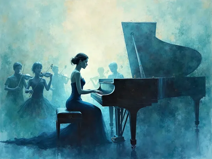 abstract painting of a beautiful woman playing a piano with an orchestra behind using pale blues and dark blues with touches of ...