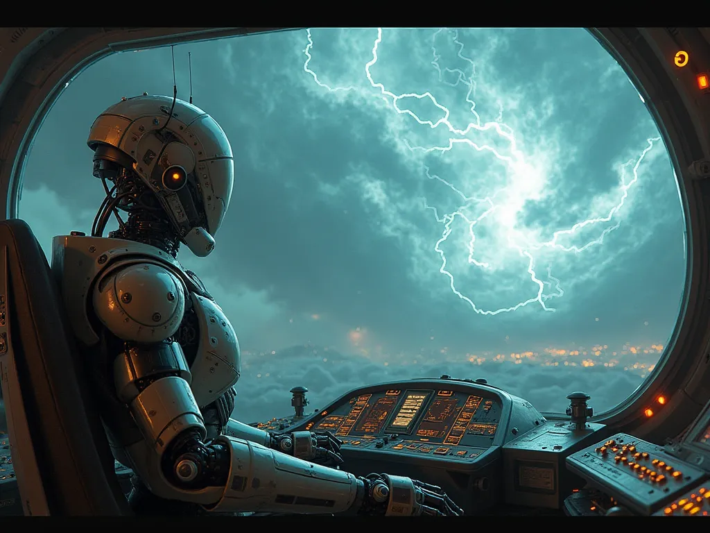 From the cockpit of a spaceship piloted by a humanoid-shaped robot, You can see through the glass a large electrical storm with ...