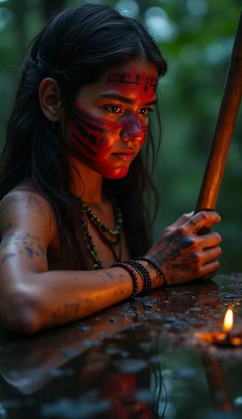 First-person perspective of painting your face with red and black tribal markings, using crushed berries and charcoal. The refle...