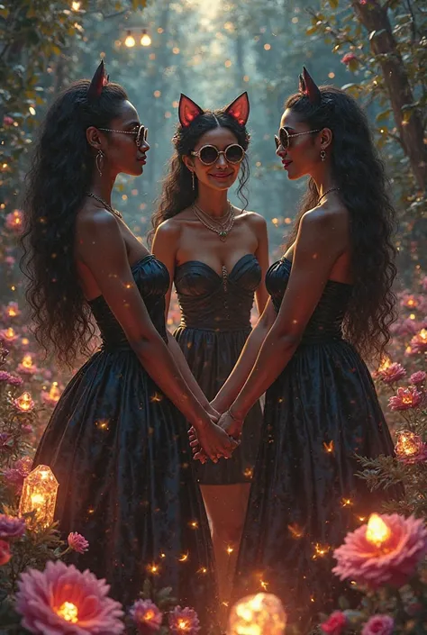 Create a pascodelic and impactful image of women wearing dark kitten sunglasses and dresses holding hands in a circle. There is ...