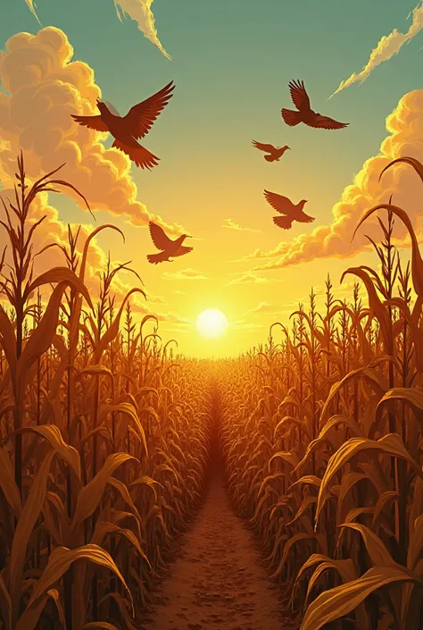 a vast golden corn plantation at sunset. Do birds fly , as the wind gently blows the dried leaves of the cornfield." Colorid co...