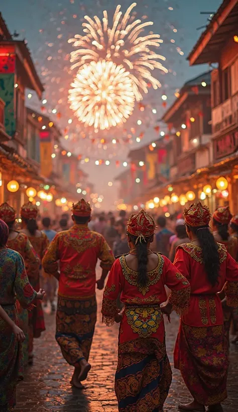 A lively Indonesian festival with people wearing traditional costumes, colorful decorations, dancers performing in the streets, ...