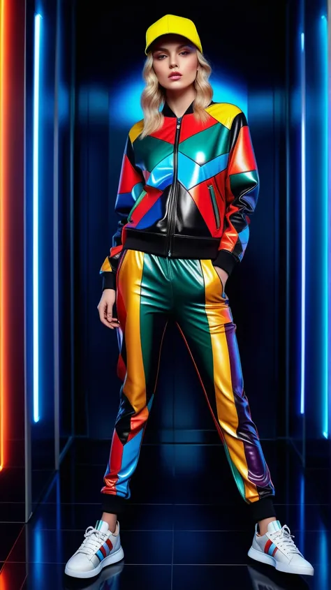 realistic photo, full body shot, intimidating, stunningly beautiful gorgeous young woman, shiny colorful geometric pattern leath...