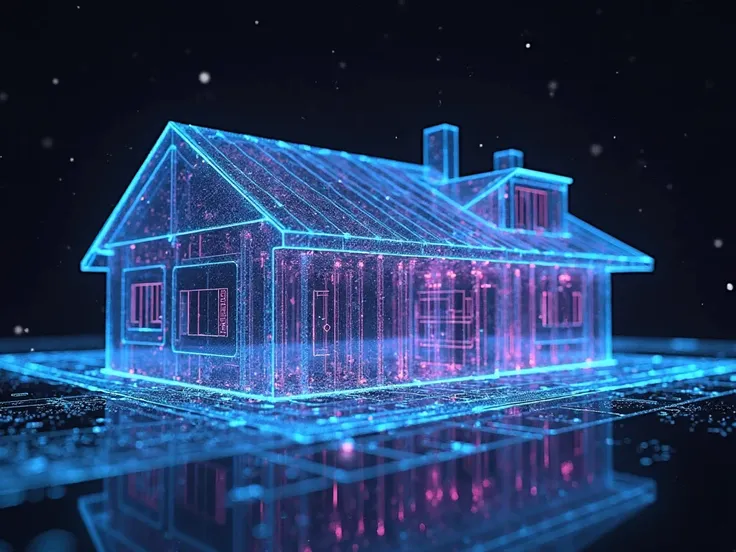 Structure of a holographic medium-sized house. Dark blue holographic line pattern mixed with purple