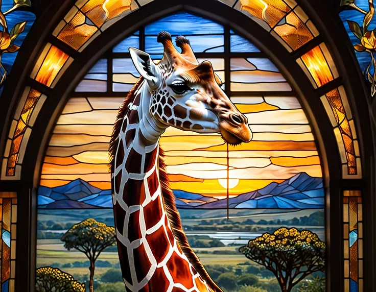 a close up of a giraffe standing in front of a  stained glass window,  Beautiful Paintings of Tall Things , golden twilight  sta...