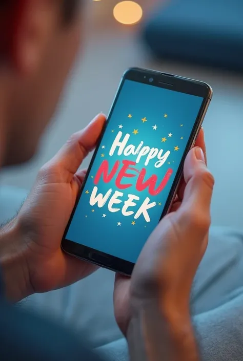 A guy with a phone and the writing on the Screen is Happy New Week