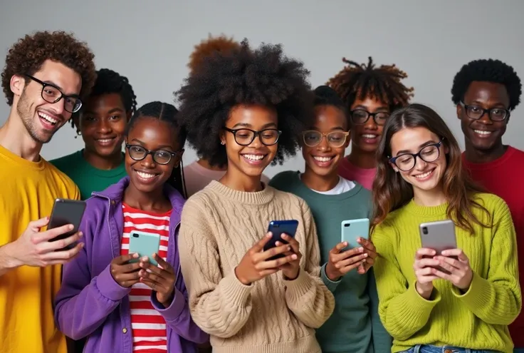 Diverse group of young people, colorful clothing, using smartphones, smiling faces, glasses, afro hairstyles, curly hair, straig...