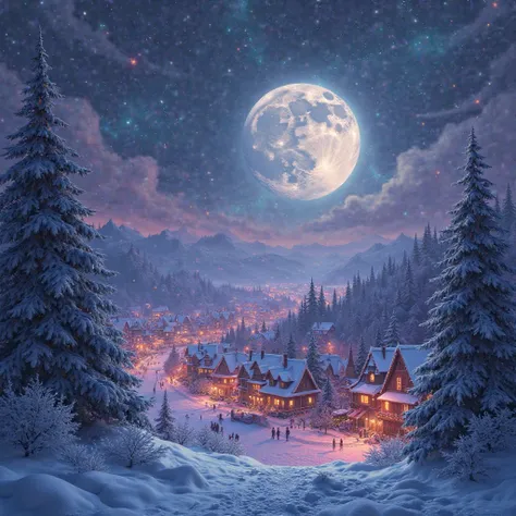 purple and burgundy and blue and red and yellow scenene :: dark background :: Winter landscape nighttime on Christmas Eve night...