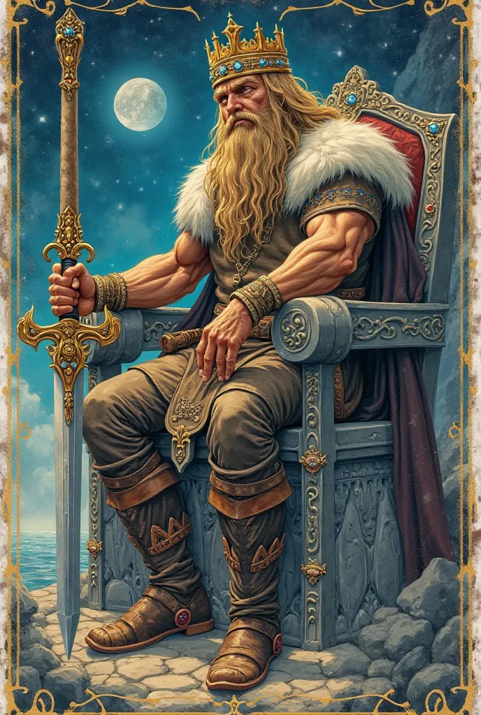 Tarot card the emperor. A strong, handsome, blonde man with long hair and beard is sitting on a very heavy throne made of rocks ...