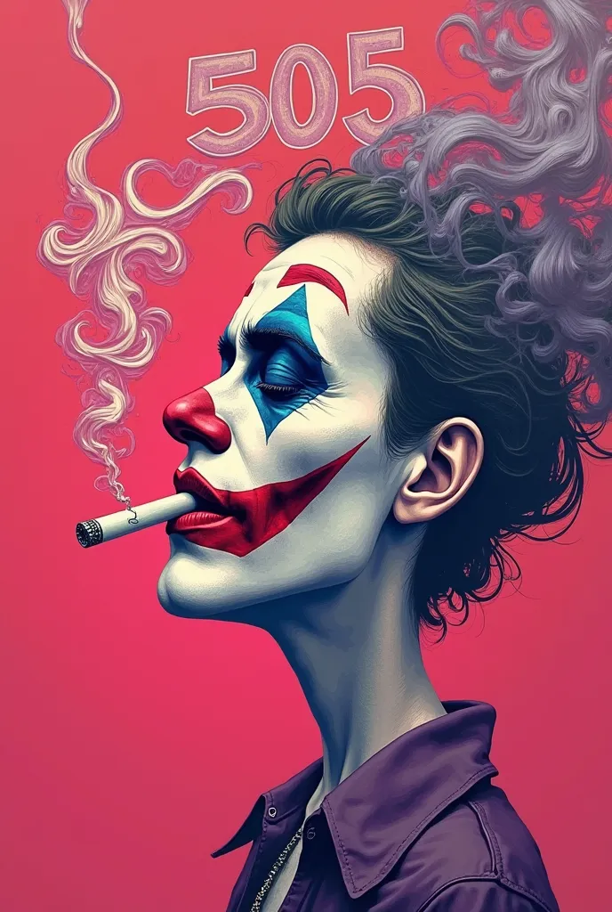 This image features a pink, red and purple background with a stylized, surreal illustration. The artwork depicts a joker-like cl...