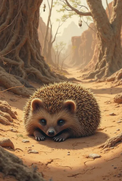 A hedgehog on the bank of a dry river