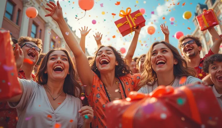 A colorful promotion scene, a group of people enjoying large gifts and prizes, vibrant atmosphere, dynamic composition, (best qu...