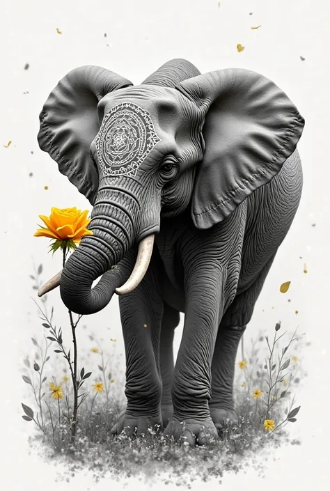 Create a drawing of an elephant with a mandala in black and white holding a yellow rose