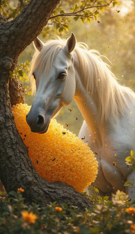 A highly realistic image of a honeycomb attached to a tree branch, Honeycomb attached to a tree branch, and a white horse eating...