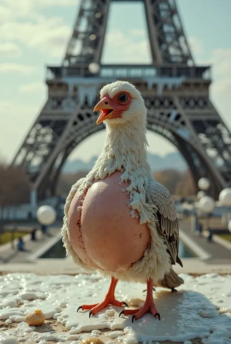 bird with big balls breading out an egg in paris with eifel tower covered in white slime