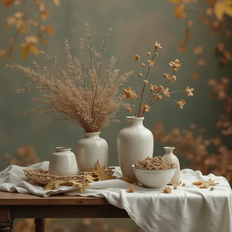 minimalist vintage stilleben photography outside in fall, classic art, dreamy, photorealistic