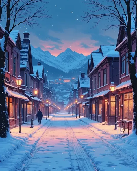 Winter evening in a quiet city covered in freshly fallen snow, in 4K quality, in the style of digital illustration inspired by S...