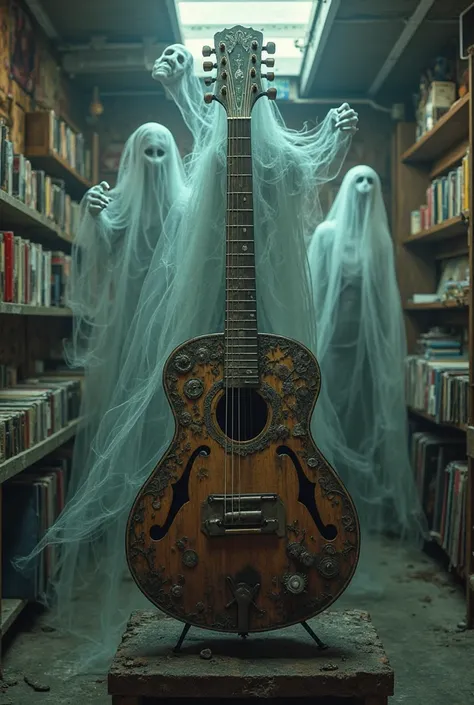 I want an image of a haunted guitar, with souls surrounding the guitar displayed in a music store.  