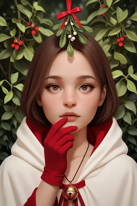 semi-anime boy 11years old, with brown hair and wearing red riding hoode robe with the hood down, wearing red gloves and a bell ...