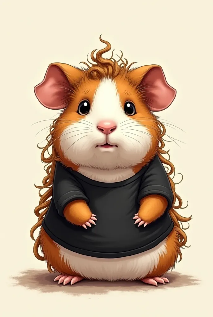 A guinea pig with knots and a black t-shirt