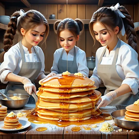a drawing of little women in white coats and aprons preparing giant pancakes. Everything in bright, rich colors. Honey flows ou...