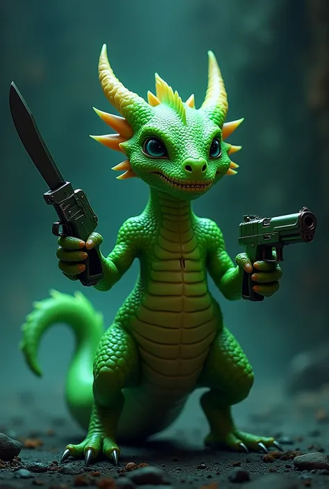 Image of a small neon green dragon with a short neck, smooth skin, holding a knife with a gun in his hand.