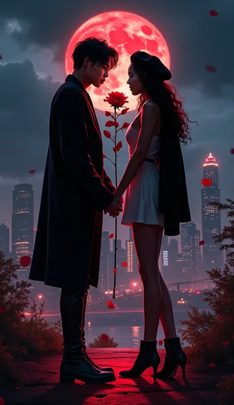Description for the book cover "Love and Blood": The book cover should convey the duality between the human world and the vampir...