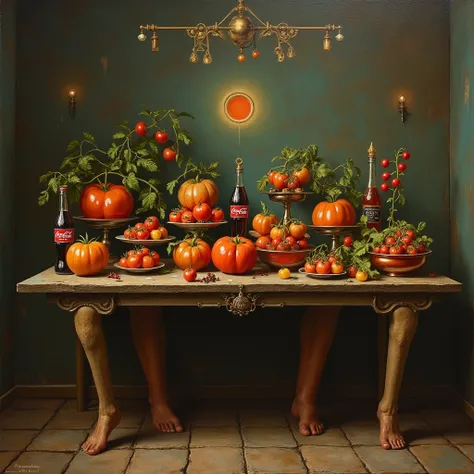 surreal stilleben painting of a mysterious ancient room with a table, the table has human legs, on the table are luxurious bowls...
