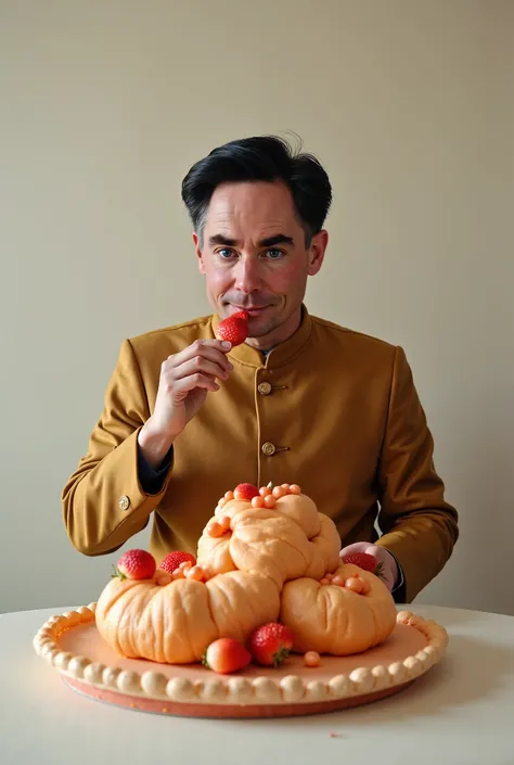 Realistic photo of a man in a Mao suit eating a cake in the shape of a Japan clitoris with strawberries