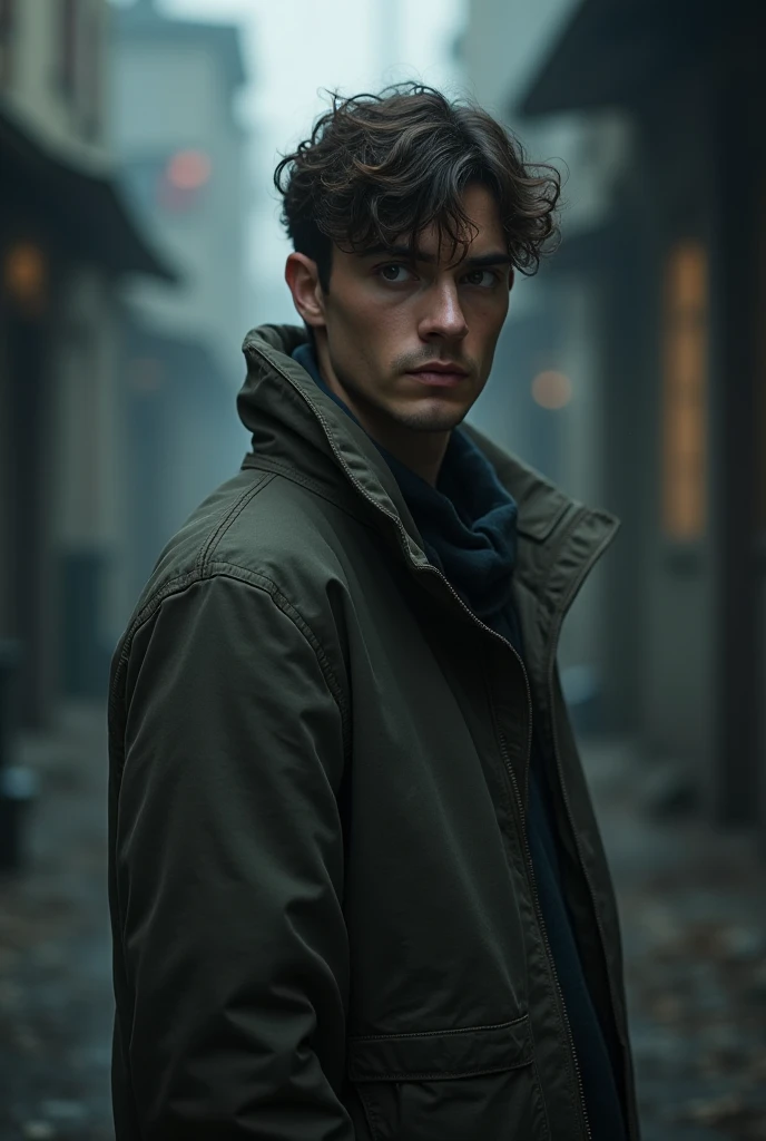 23-year-old man wearing a jacket and sad