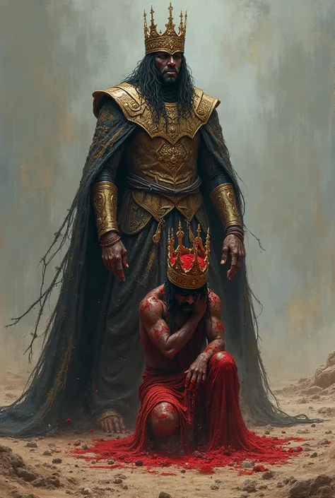 an unrealistic image of a monarch placing a crown filled with blood on the head of an indigenous