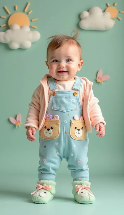 “Professional studio shot of an absolutely adorable chubby baby with bright blue eyes and rosy cheeks, standing against a soft ...