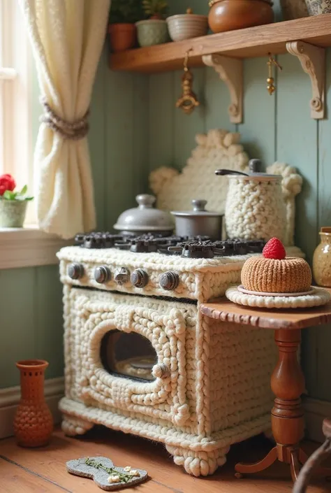 Create a vintage European-style kitchen scene where the stove, oven, and table are all made of crochet amigurumi. The stove has ...